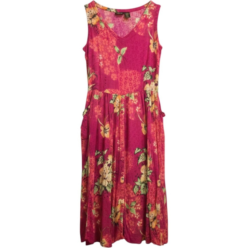 Bila Womens Pink Floral Rayon Button Front Sleeveless Midi Dress Pockets Size M